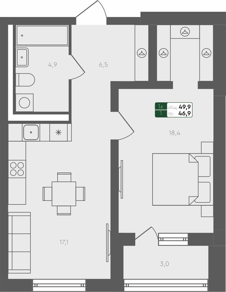 1-комн. квартира, 49.9 м², 1 из 4 этаж квартира
