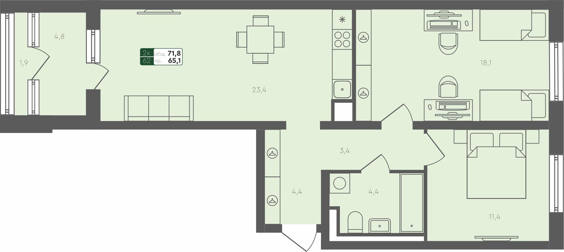 2-комн. квартира, 71.8 м², 4 из 4 этаж Планировка