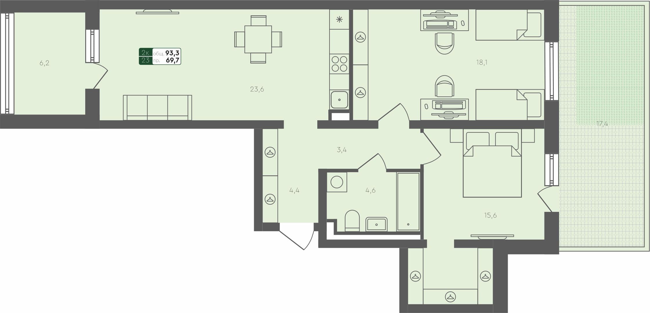 2-комн. квартира, 93.3 м², 1 из 4 этаж квартира