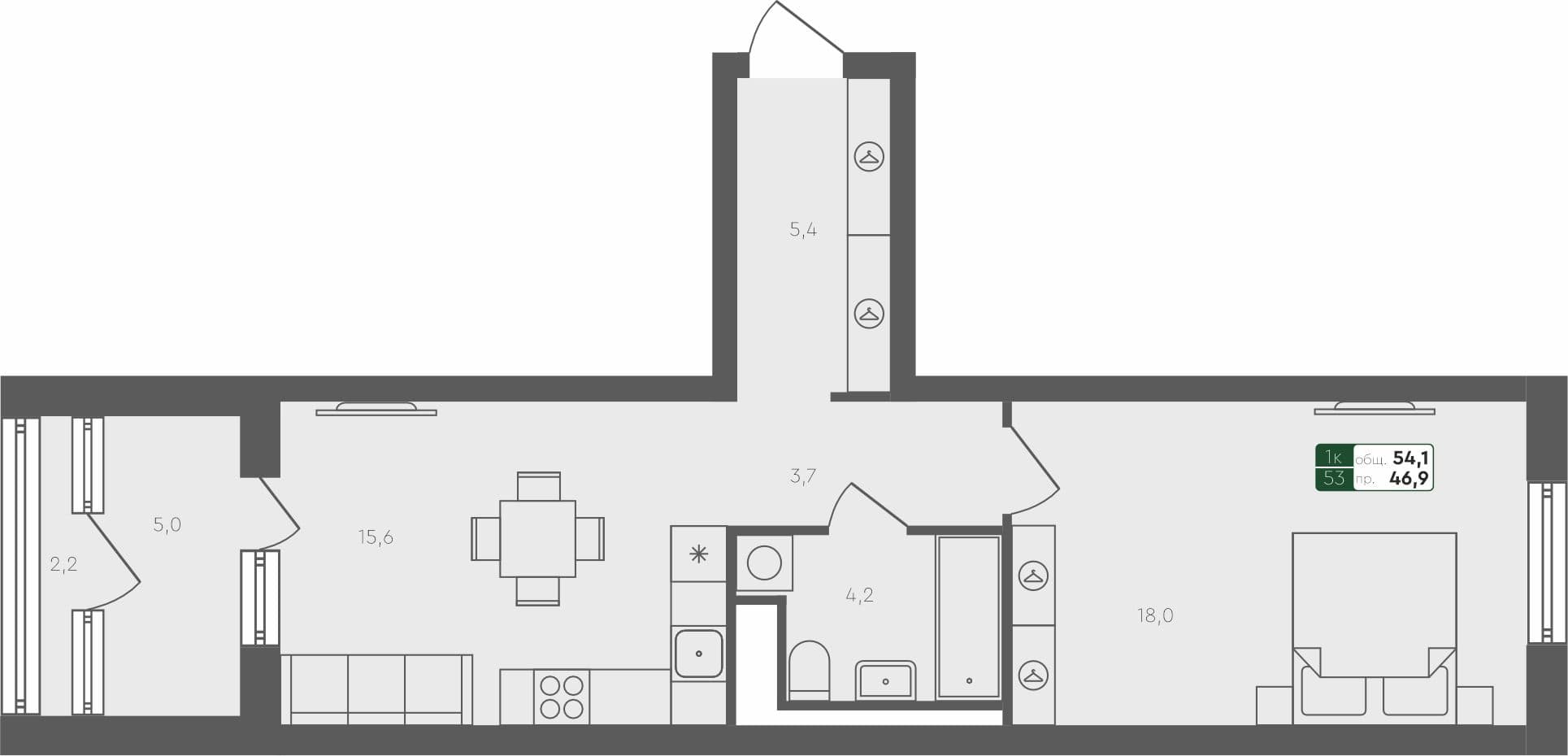 1-комн. квартира, 54.1 м², 3 из 4 этаж квартира