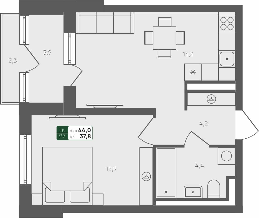 1-комн. квартира, 44 м², 2 из 4 этаж квартира