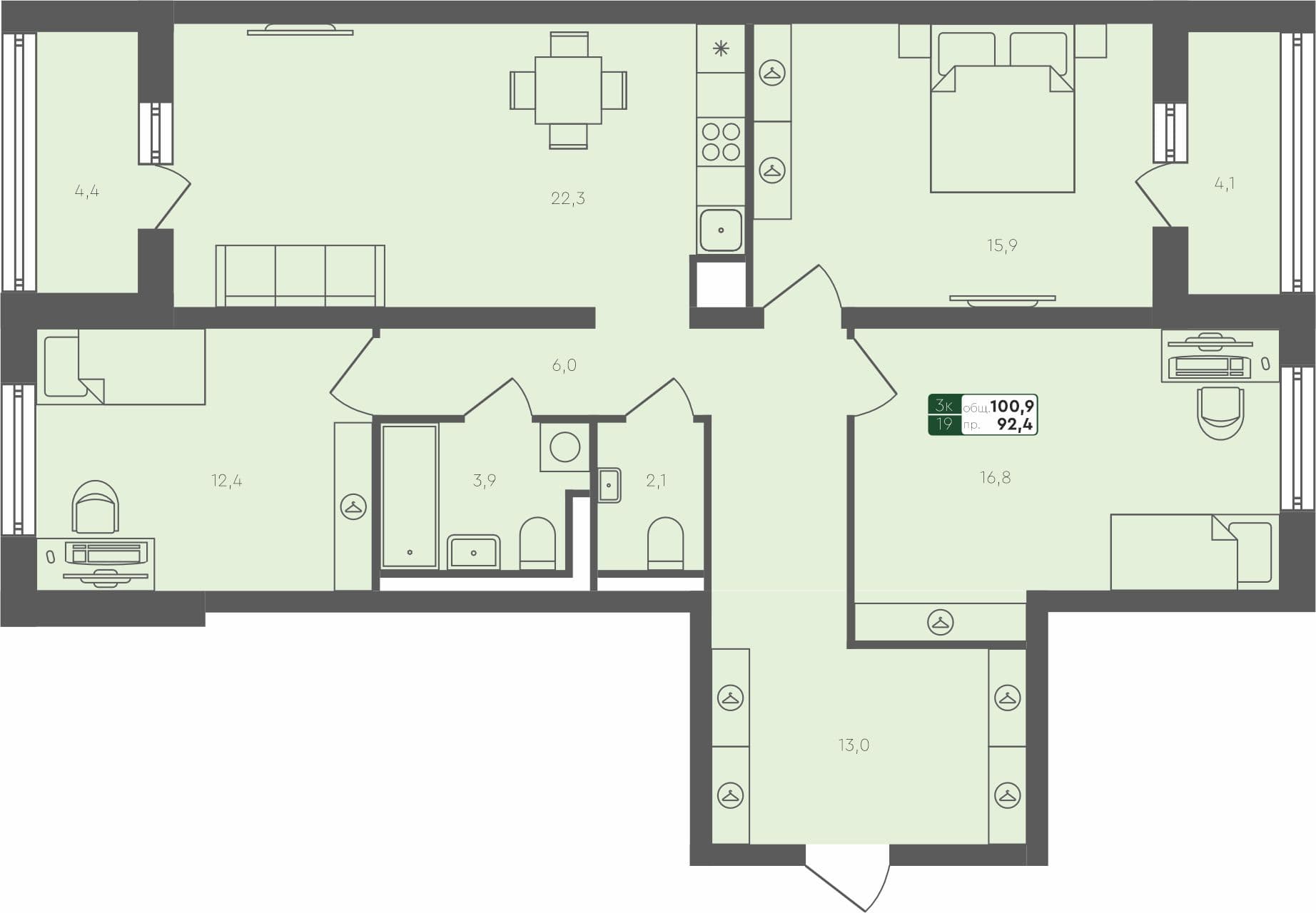 3-комн. квартира, 100.9 м², 4 из 4 этаж квартира