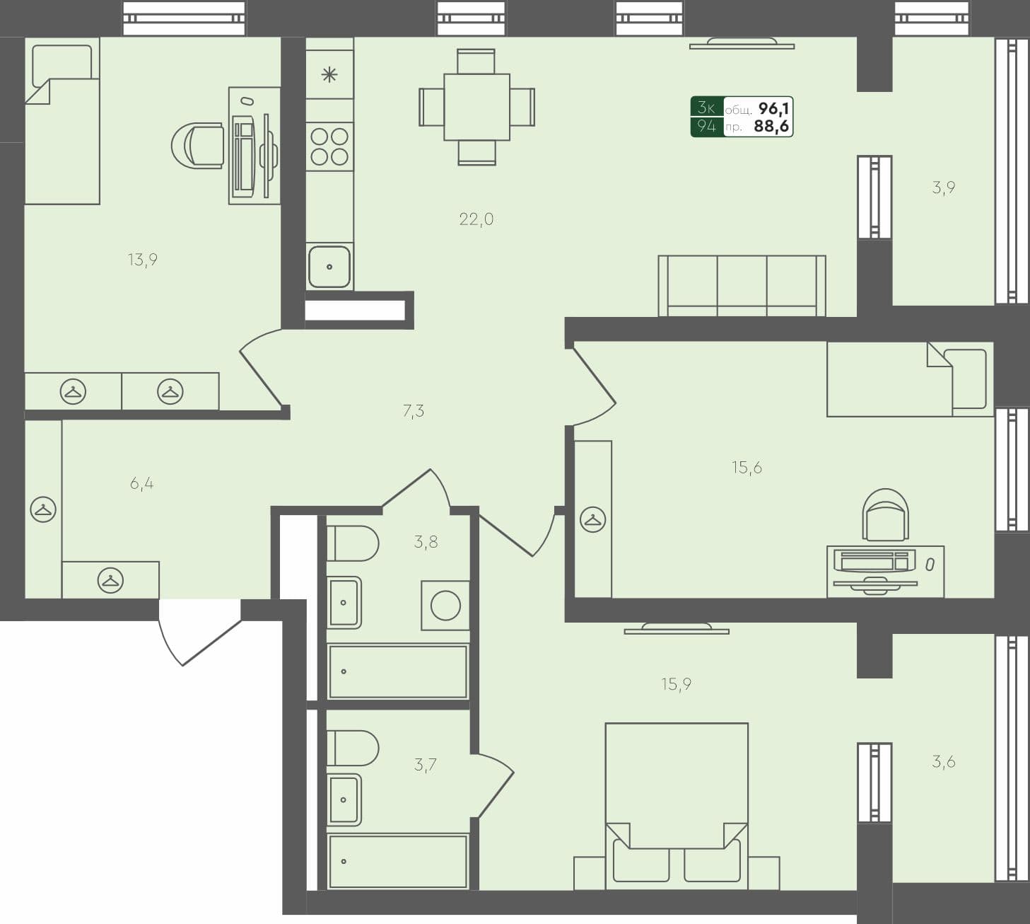 3-комн. квартира, 96.1 м², 1 из 4 этаж квартира