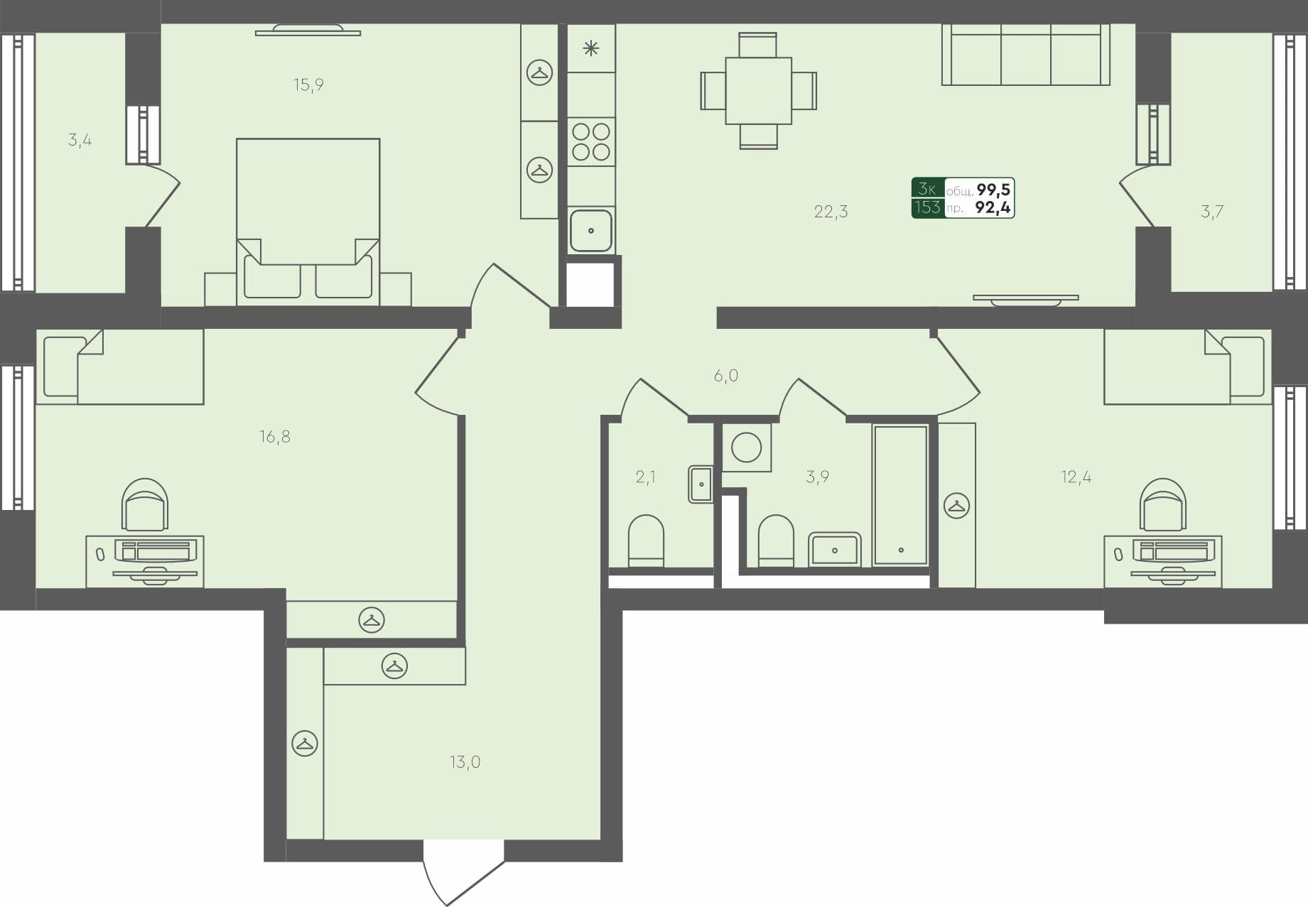 3-комн. квартира, 99.5 м², 1 из 4 этаж квартира
