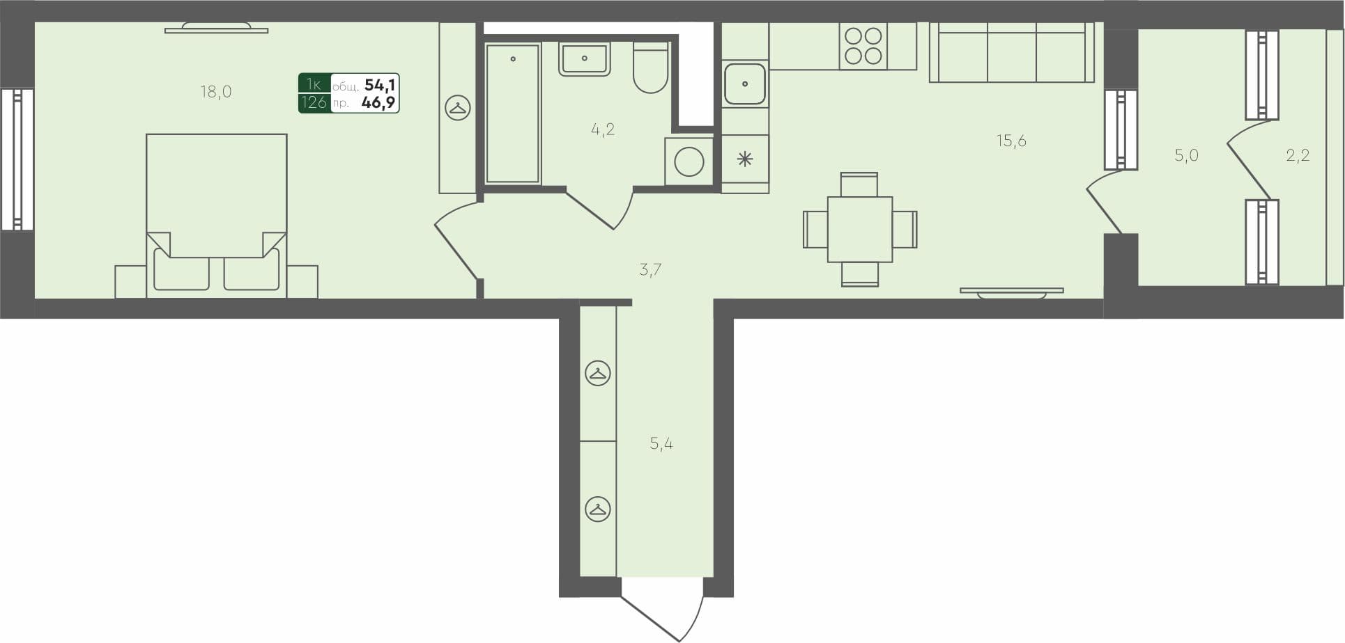1-комн. квартира, 54.1 м², 4 из 4 этаж квартира