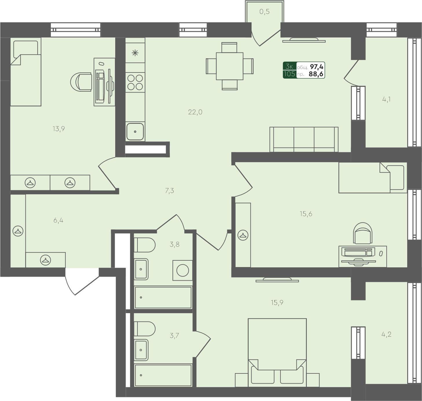 3-комн. квартира, 97.4 м², 4 из 4 этаж квартира