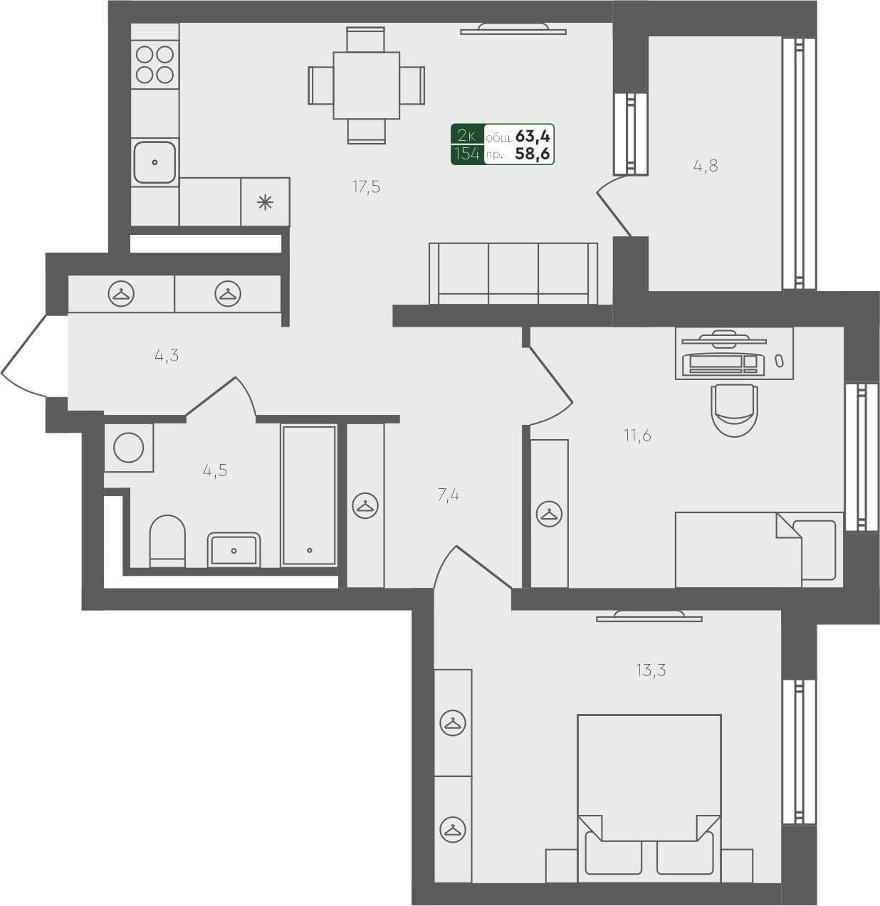 2-комн. квартира, 63.4 м², 1 из 4 этаж квартира
