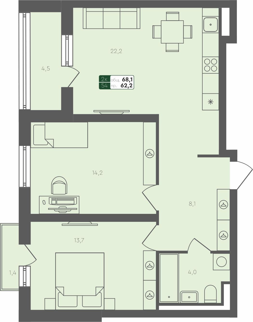 2-комн. квартира, 68.1 м², 3 из 4 этаж квартира