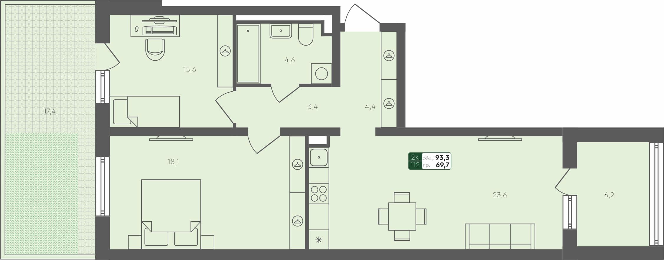 2-комн. квартира, 93.3 м², 1 из 4 этаж квартира