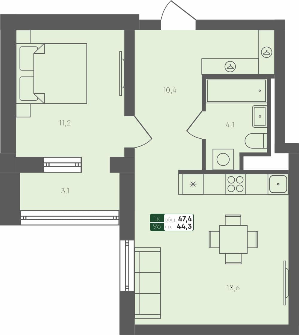 1-комн. квартира, 47.4 м², 1 из 4 этаж квартира