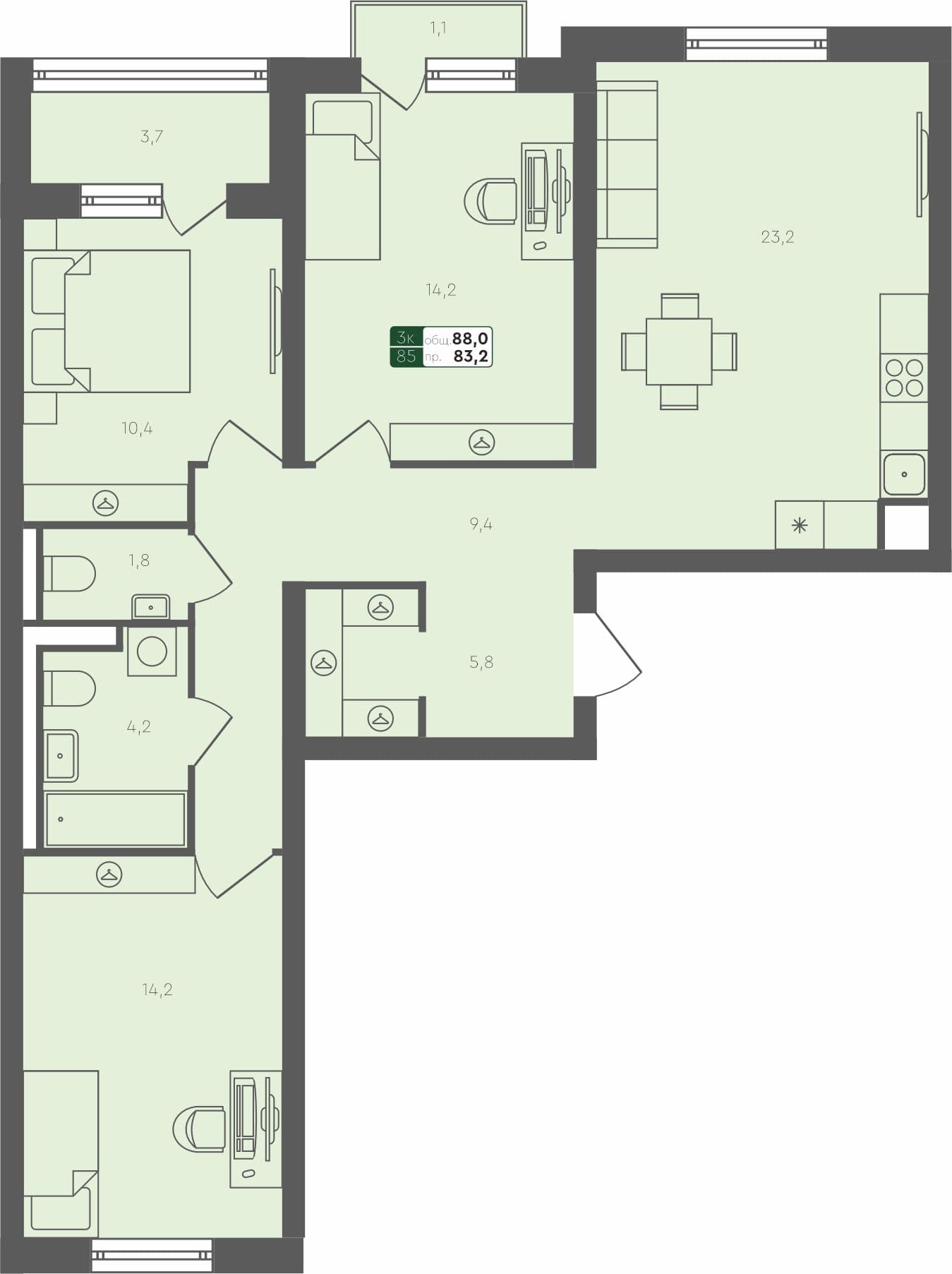 3-комн. квартира, 88 м², 2 из 4 этаж Планировка