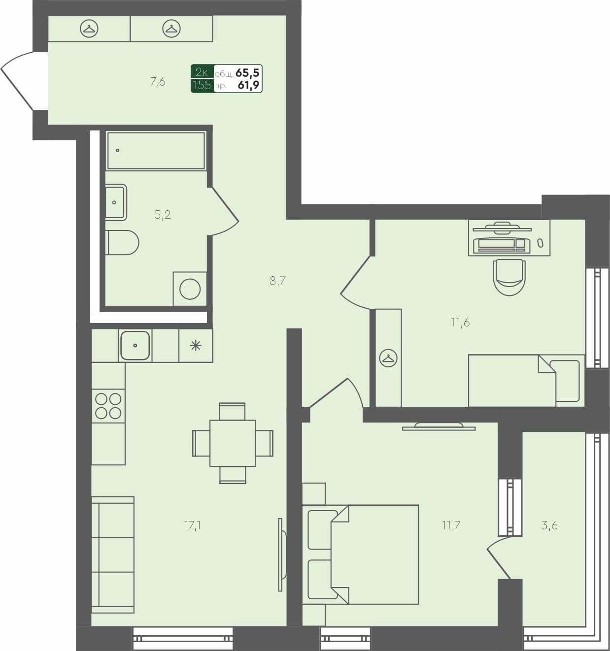 2-комн. квартира, 65.5 м², 1 из 4 этаж квартира
