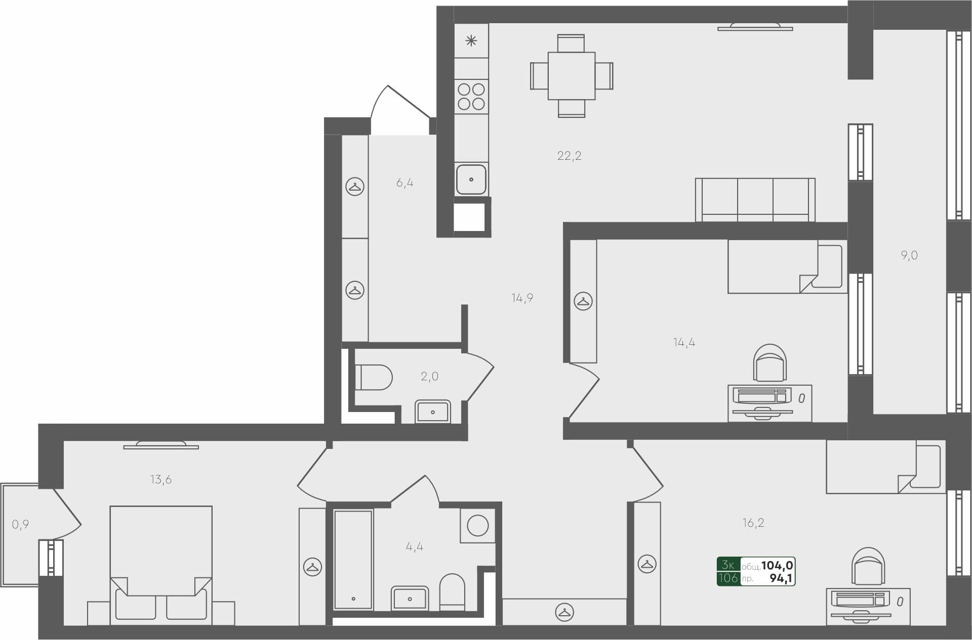3-комн. квартира, 104 м², 4 из 4 этаж квартира