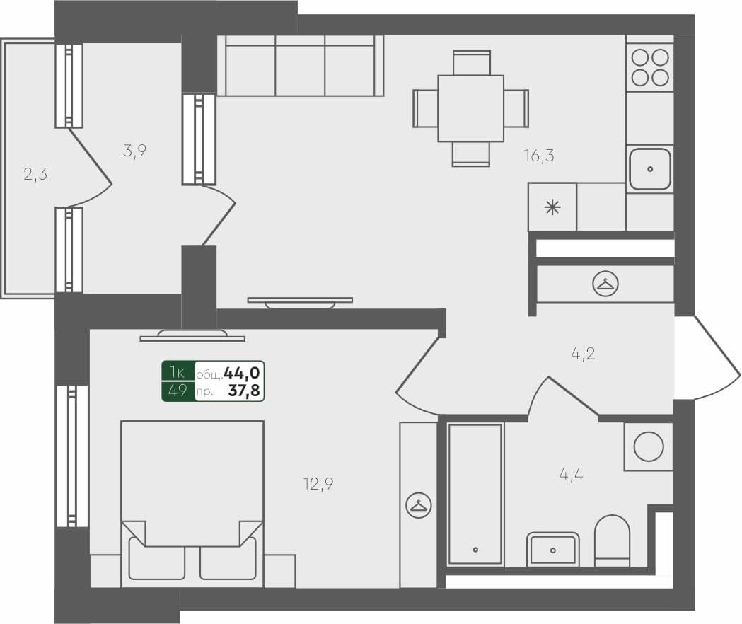 1-комн. квартира, 44 м², 2 из 4 этаж квартира