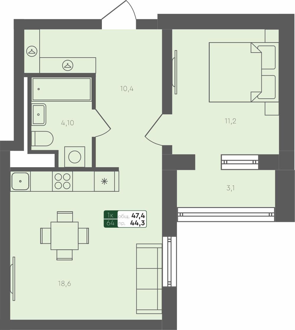 1-комн. квартира, 47.4 м², 1 из 4 этаж квартира