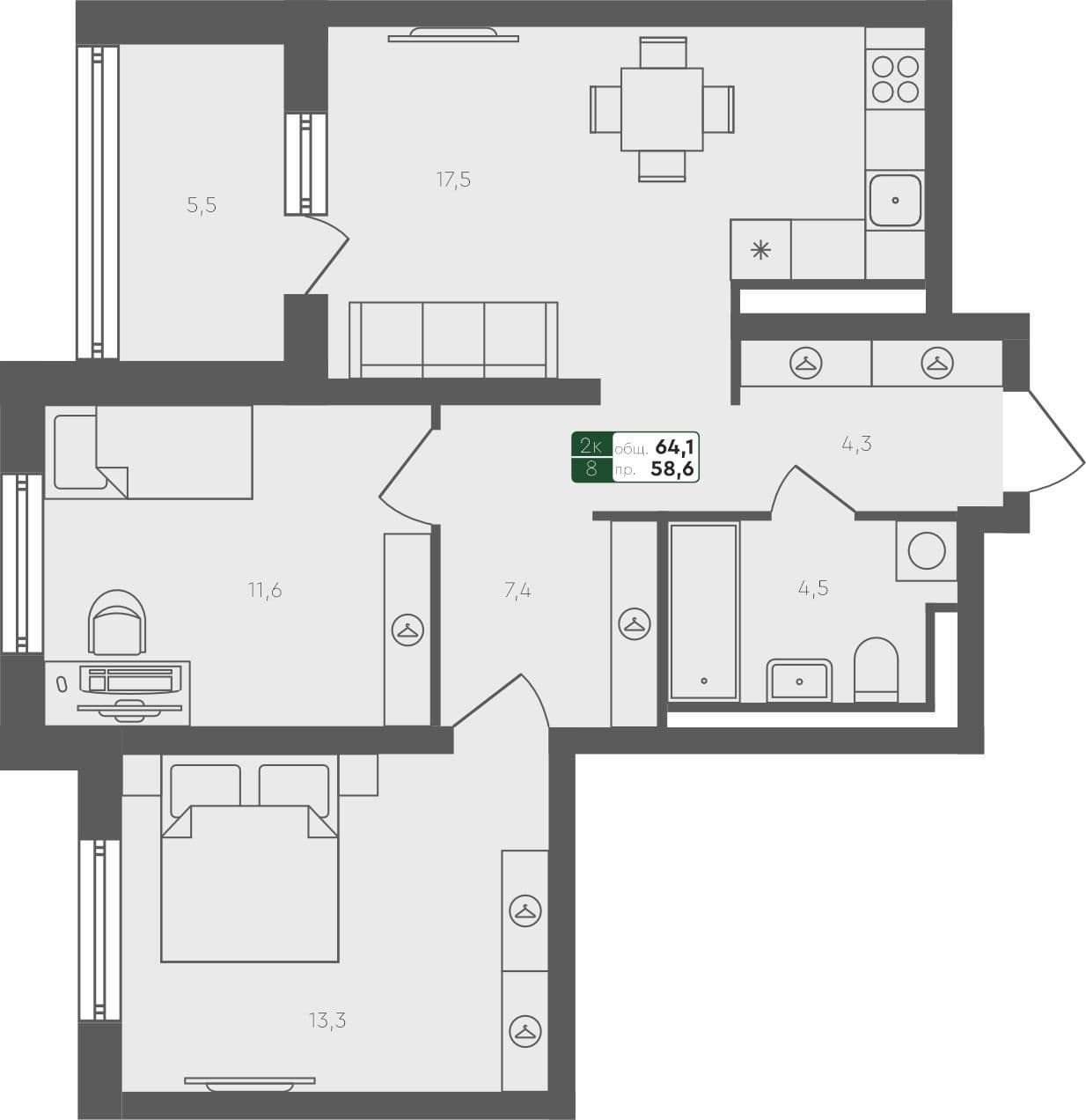 2-комн. квартира, 64.1 м², 2 из 4 этаж квартира