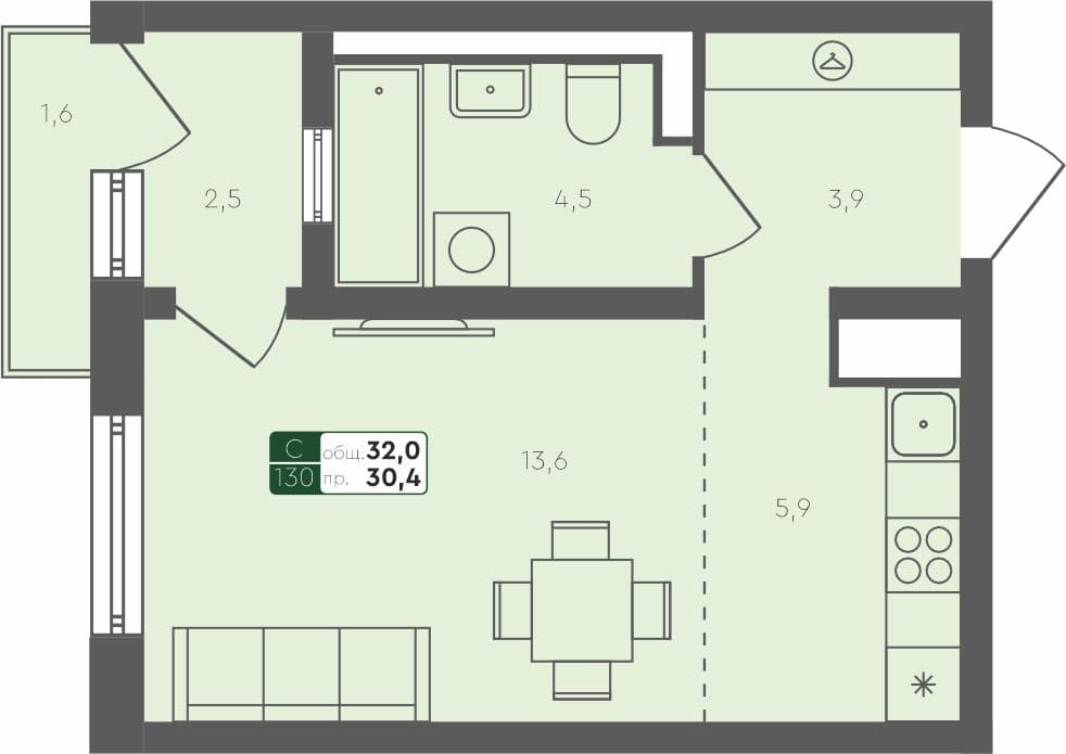 Студия квартира, 32 м², 4 из 4 этаж квартира