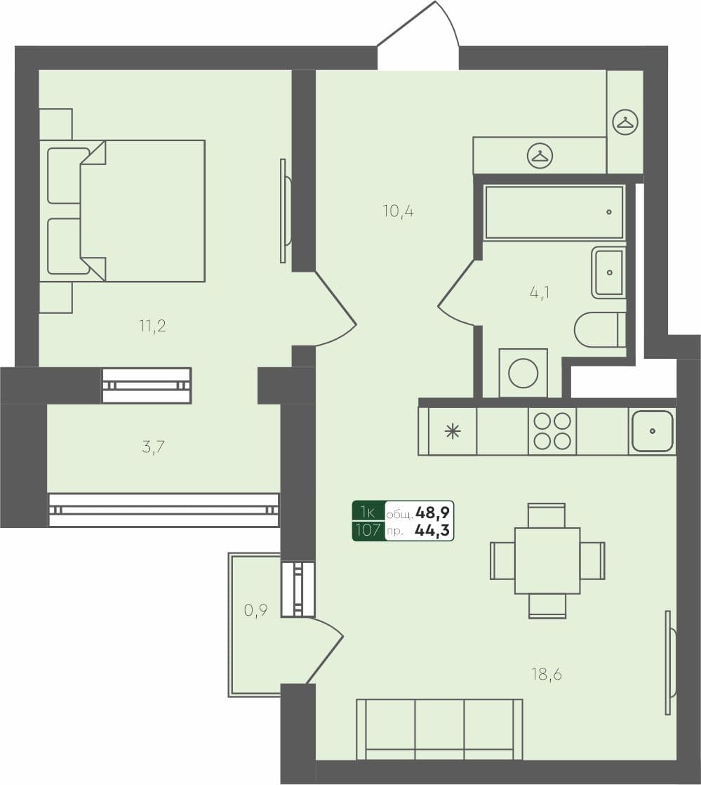 1-комн. квартира, 48.9 м², 4 из 4 этаж квартира
