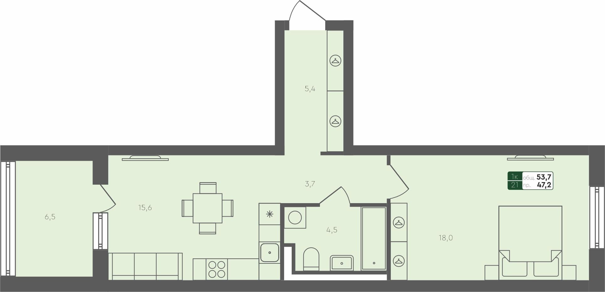 1-комн. квартира, 53.7 м², 1 из 4 этаж Планировка