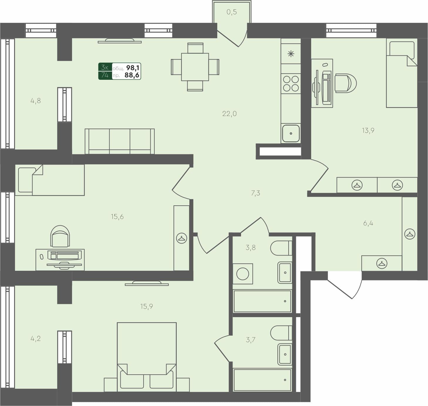 3-комн. квартира, 98.1 м², 3 из 4 этаж квартира